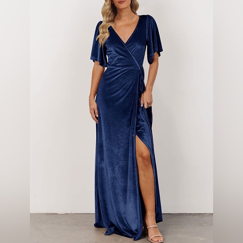Blue Velvet Wrap Maxi Dress V Neck Bell Sleeve Holiday Festive Midnight Blue